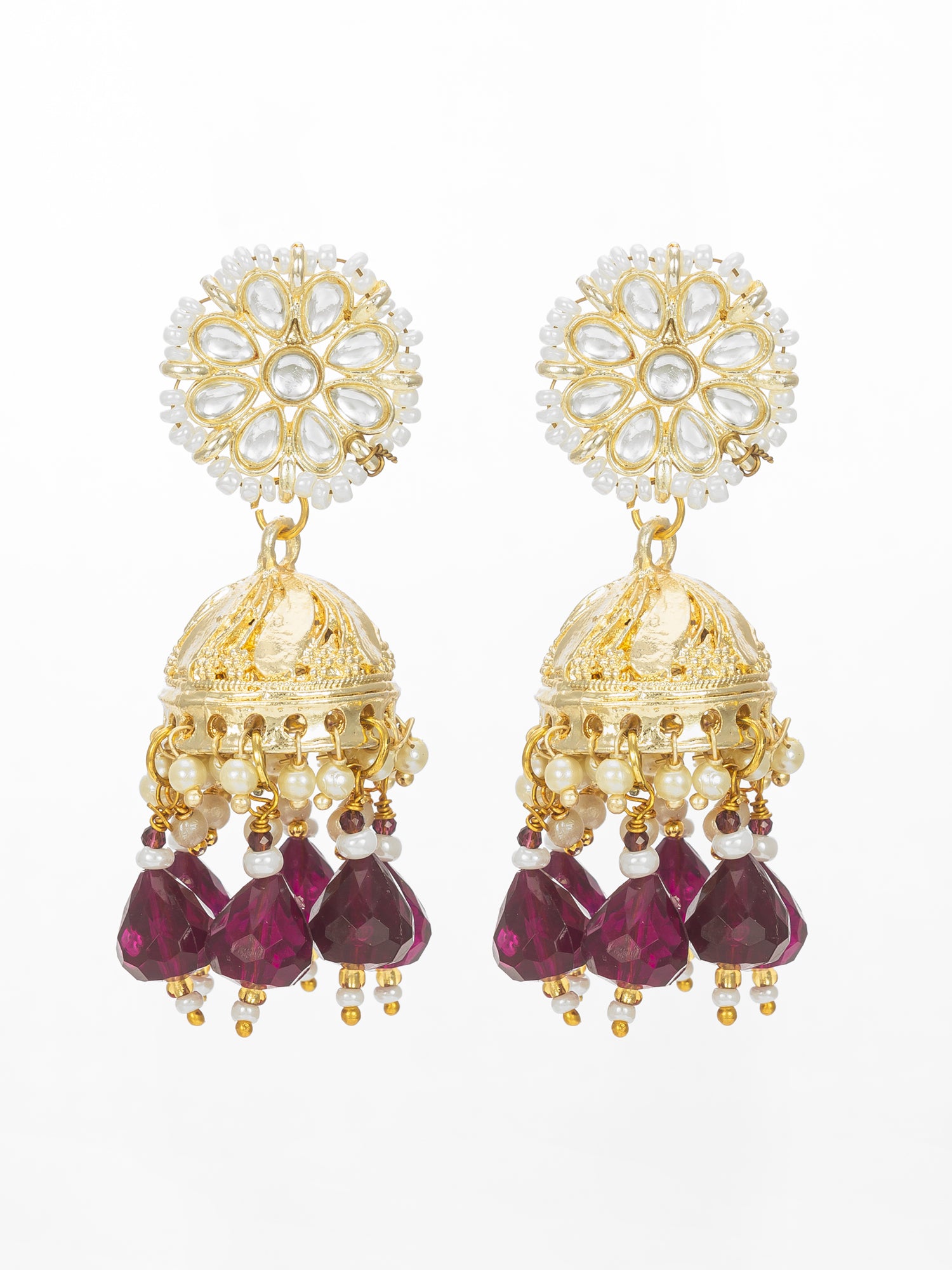 Aadita Gold-Plated Maroon Beaded Jhumka Earrings for Women