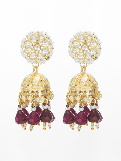 Aadita Gold-Plated Maroon Beaded Jhumka Earrings for Women