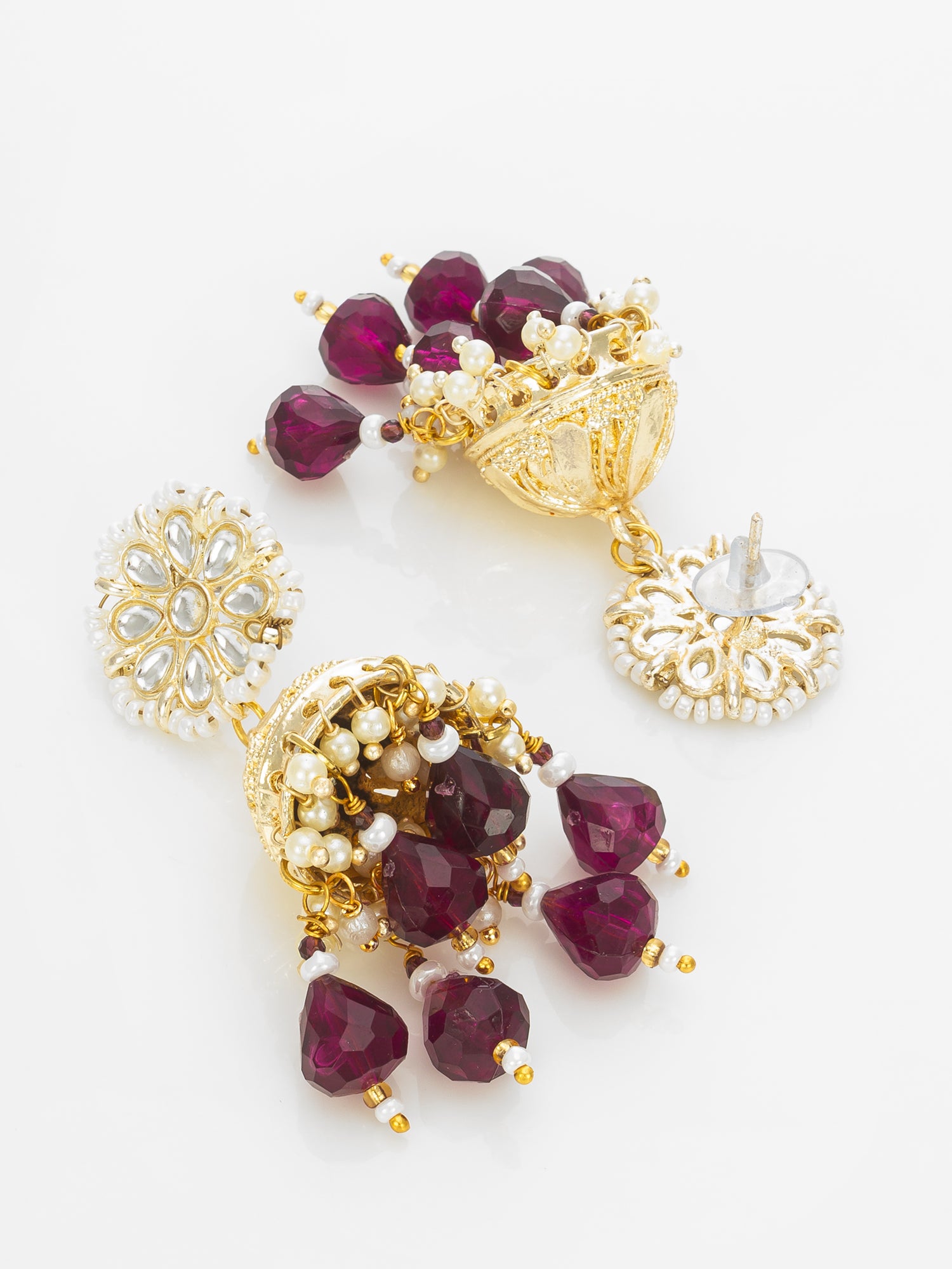 Aadita Gold-Plated Maroon Beaded Jhumka Earrings for Women