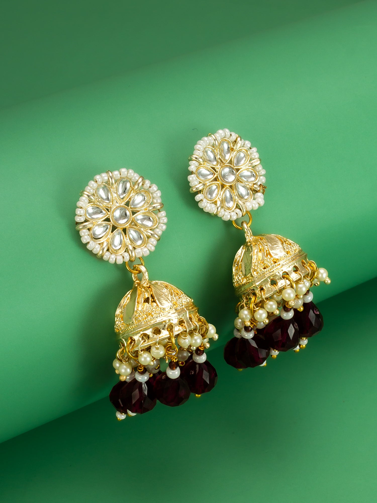 Aadita Gold-Plated Maroon Beaded Jhumka Earrings for Women