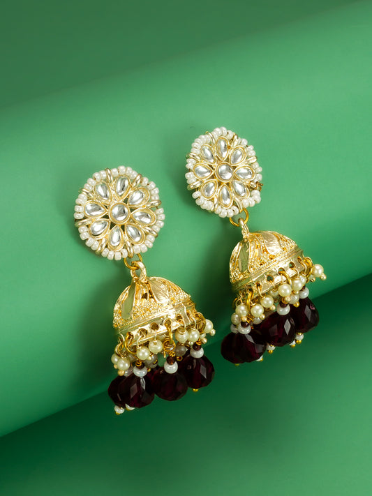 Aadita Gold-Plated Maroon Beaded Jhumka Earrings for Women