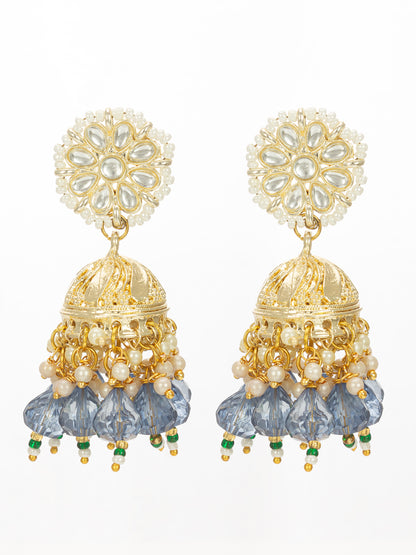 Aadita Gold-Plated Blue Beaded Kundan Jhumka Earrings