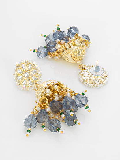 Aadita Gold-Plated Blue Beaded Kundan Jhumka Earrings