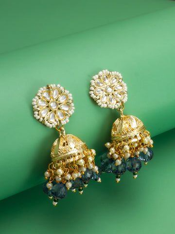 Aadita Gold-Plated Blue Beaded Kundan Jhumka Earrings