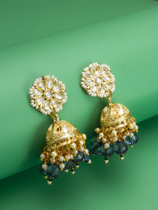 Aadita Gold-Plated Blue Beaded Kundan Jhumka Earrings