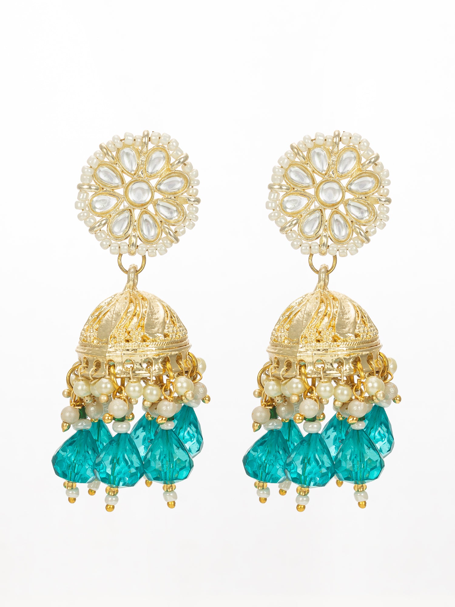 Aadita Gold Plated Teal Green Beaded Kundan Jhumka Earrings for Women