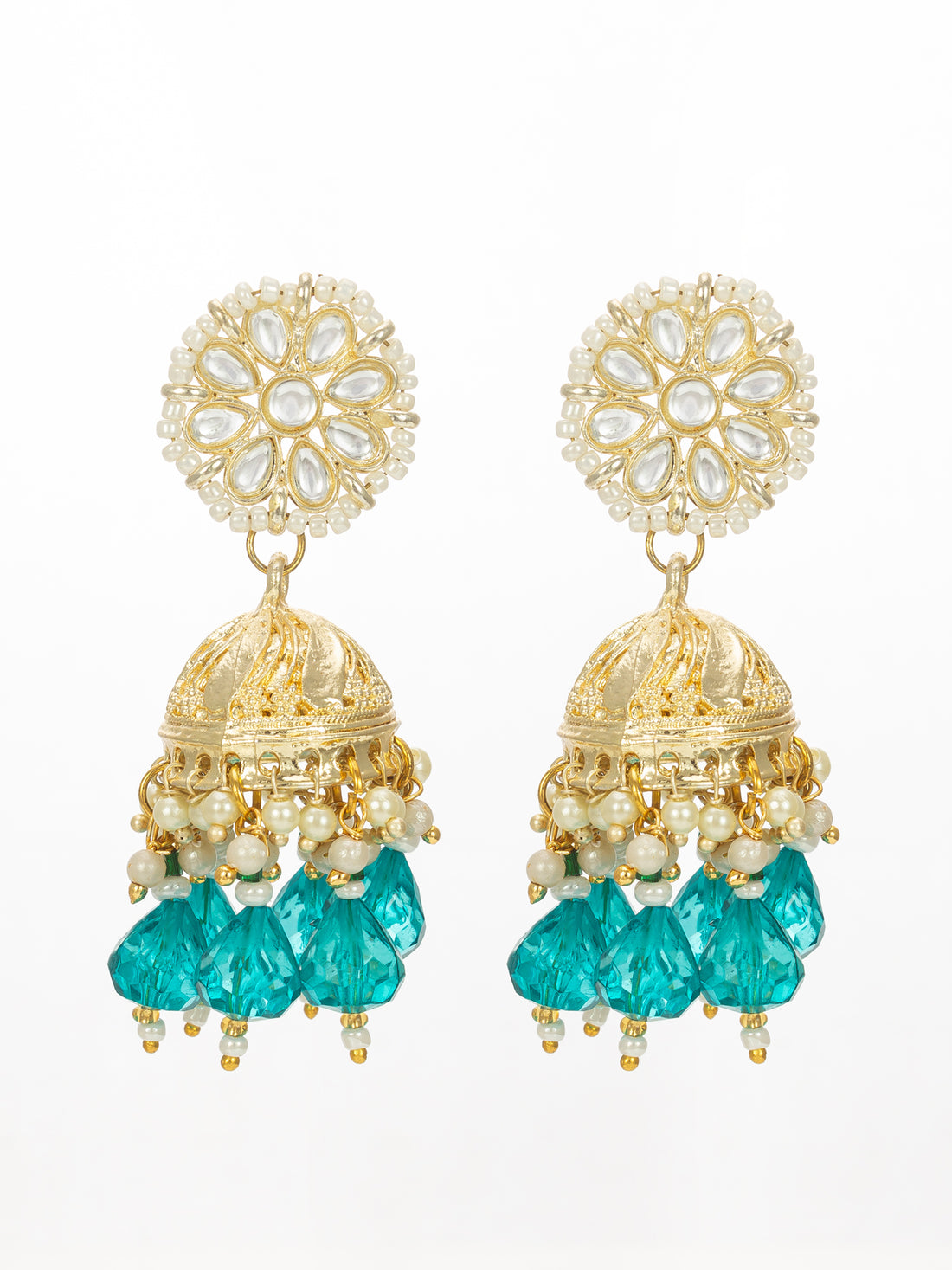 Aadita Gold Plated Teal Green Beaded Kundan Jhumka Earrings for Women