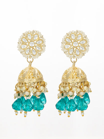 Aadita Gold Plated Teal Green Beaded Kundan Jhumka Earrings for Women