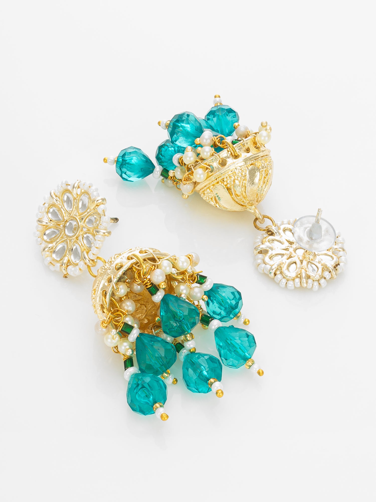 Aadita Gold Plated Teal Green Beaded Kundan Jhumka Earrings for Women