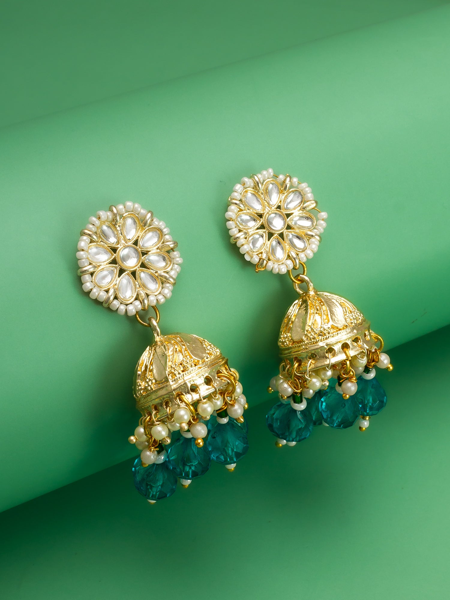 Aadita Gold Plated Teal Green Beaded Kundan Jhumka Earrings for Women