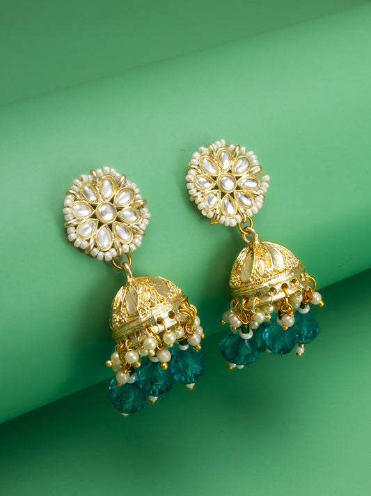 Aadita Gold Plated Teal Green Beaded Kundan Jhumka Earrings for Women