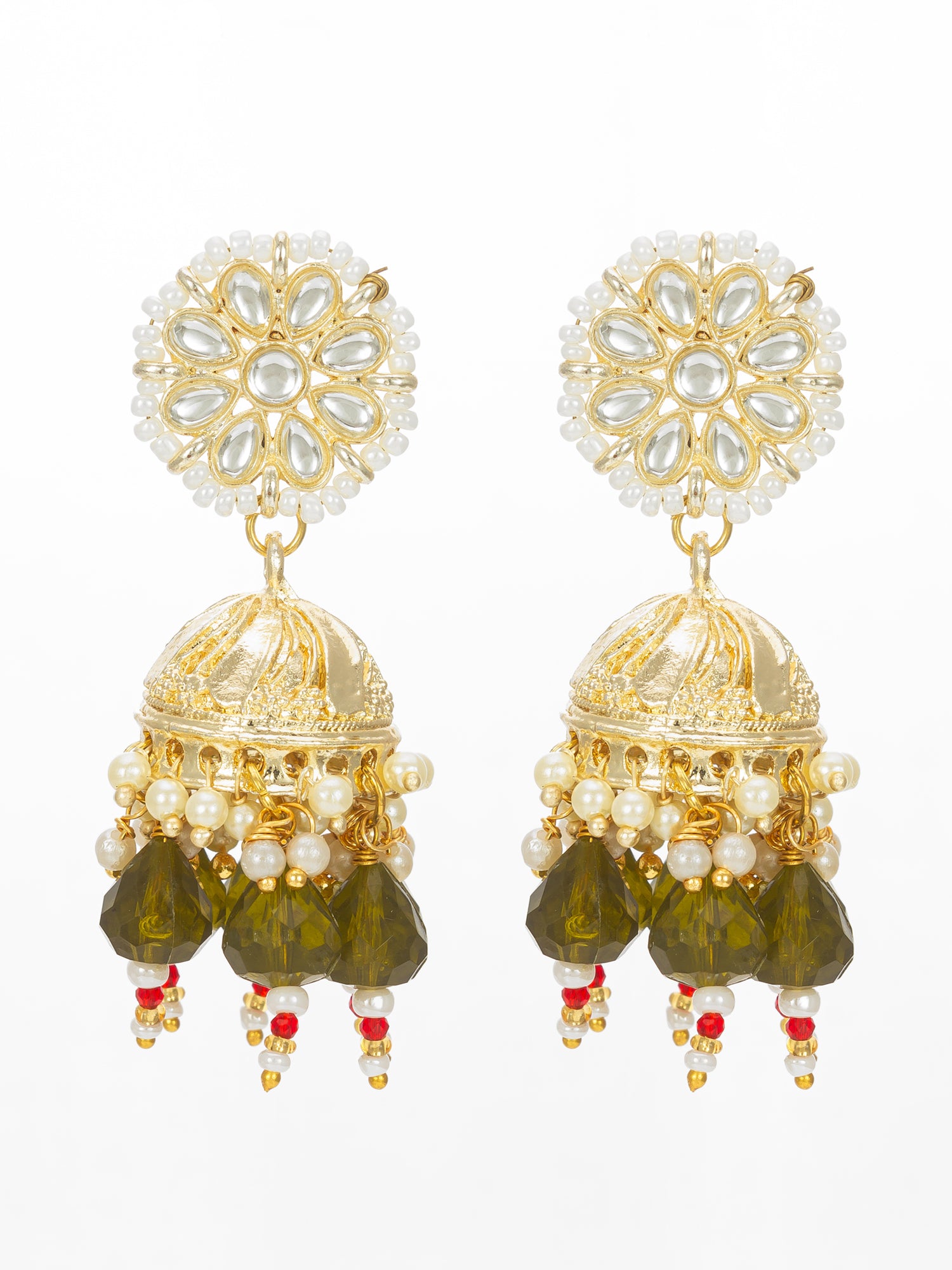 Aadita Gold Plated Olive Green Beaded Jhumka Earrings