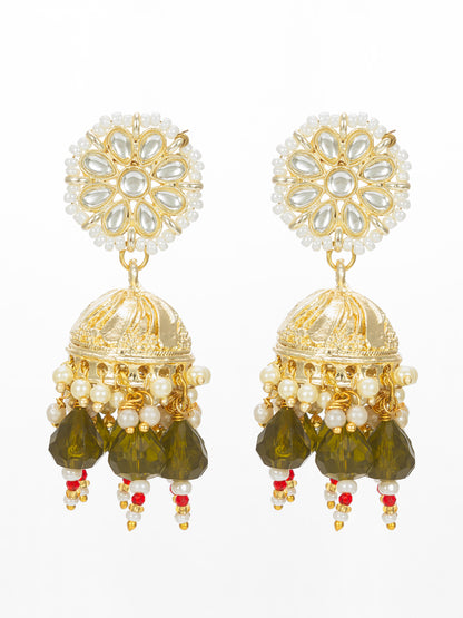Aadita Gold Plated Olive Green Beaded Jhumka Earrings