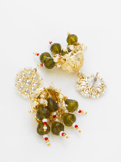 Aadita Gold Plated Olive Green Beaded Jhumka Earrings