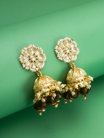 Aadita Gold Plated Olive Green Beaded Jhumka Earrings