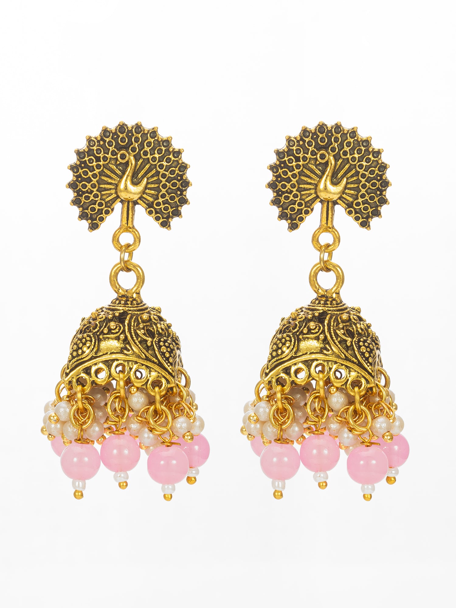 Aadita Peacock Motif Pink Beaded Gold Plated Jhumka Earrings