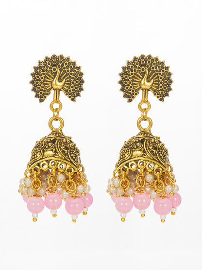 Aadita Peacock Motif Pink Beaded Gold Plated Jhumka Earrings