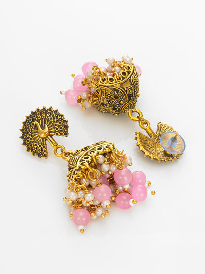 Aadita Peacock Motif Pink Beaded Gold Plated Jhumka Earrings