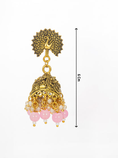 Aadita Peacock Motif Pink Beaded Gold Plated Jhumka Earrings