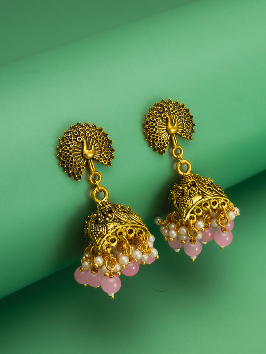 Aadita Peacock Motif Pink Beaded Gold Plated Jhumka Earrings