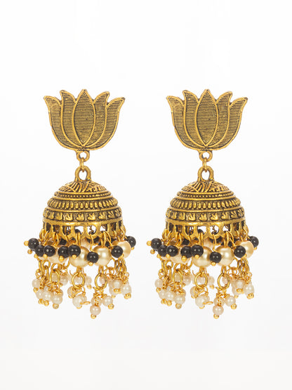 Aadita Antique Gold Lotus Top Jhumka Earrings with Black and White Beads