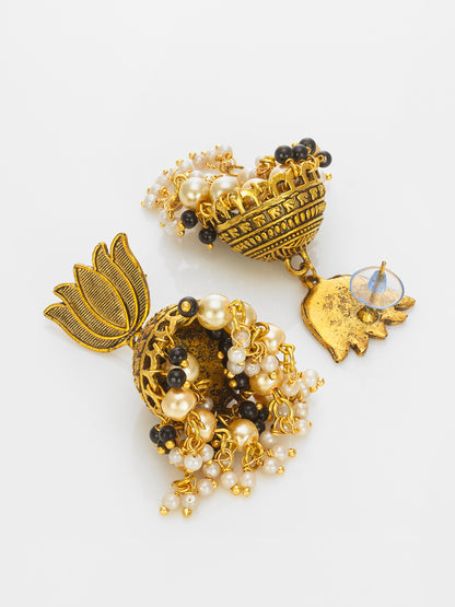 Aadita Antique Gold Lotus Top Jhumka Earrings with Black and White Beads