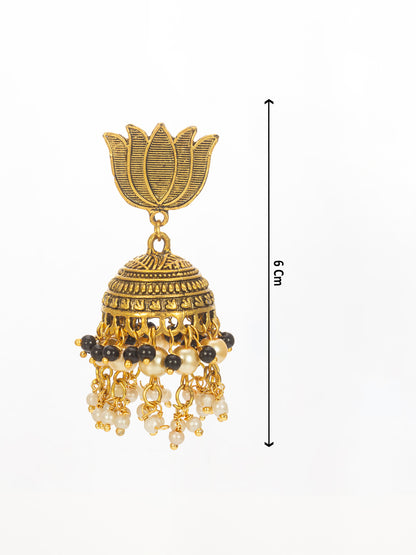 Aadita Antique Gold Lotus Top Jhumka Earrings with Black and White Beads