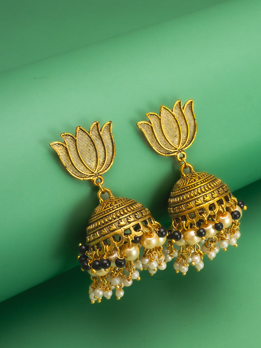 Aadita Antique Gold Lotus Top Jhumka Earrings with Black and White Beads