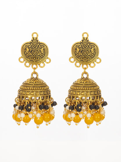 Aadita Traditional Gold-Plated Yellow Beaded Jhumka Earrings
