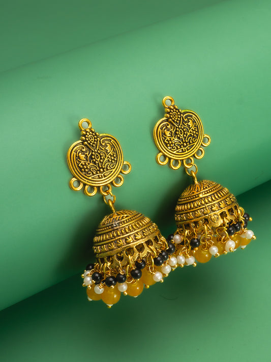 Aadita Traditional Gold-Plated Yellow Beaded Jhumka Earrings
