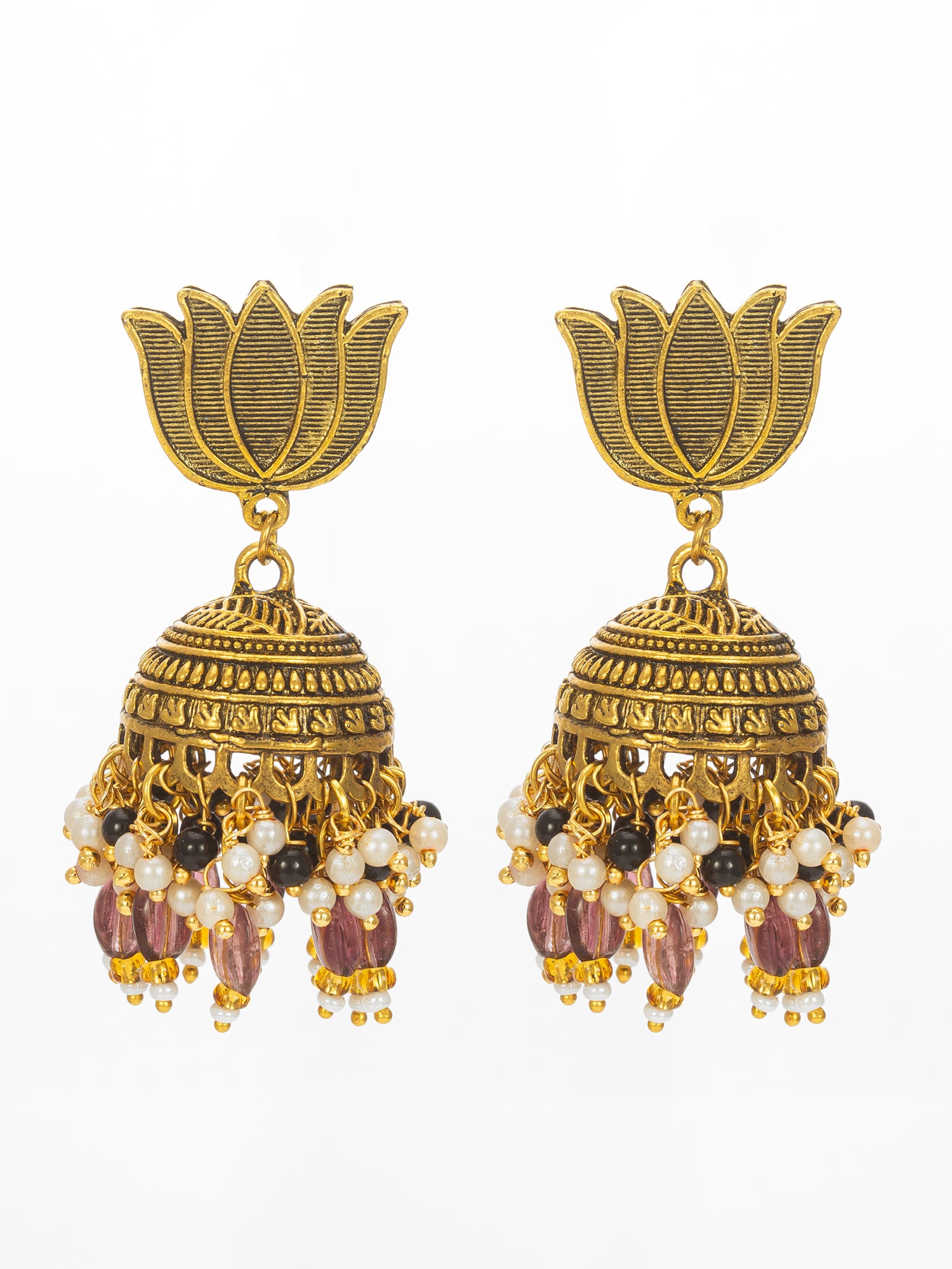 Aadita Gold Plated Lotus Shape Jhumka Earrings with Purple Beads