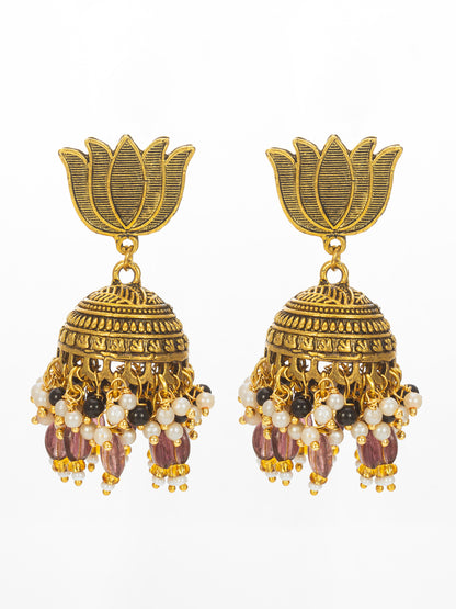 Aadita Gold Plated Lotus Shape Jhumka Earrings with Purple Beads