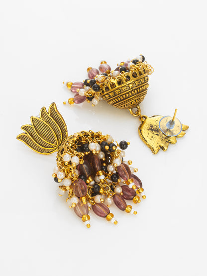 Aadita Gold Plated Lotus Shape Jhumka Earrings with Purple Beads