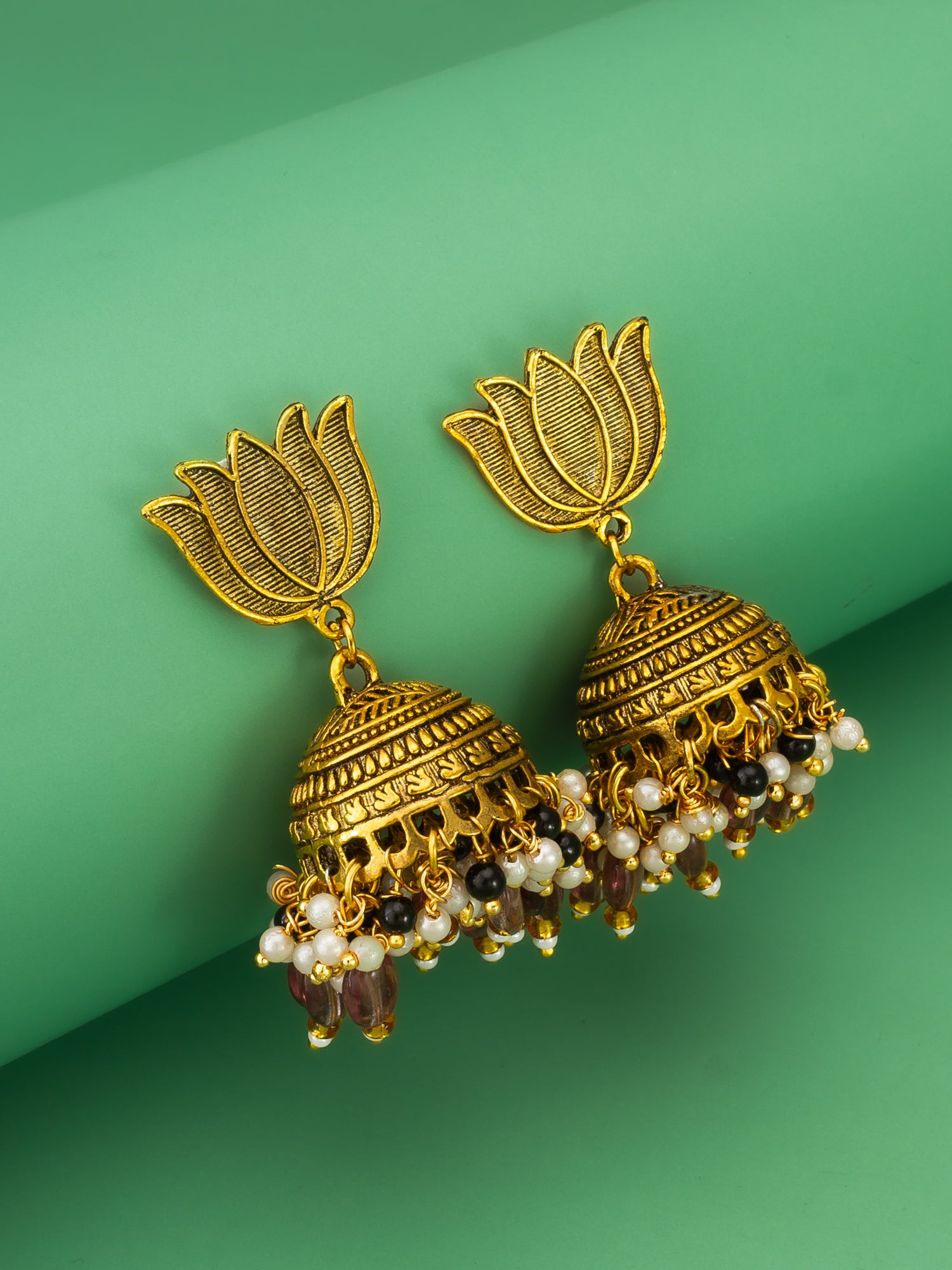 Aadita Gold Plated Lotus Shape Jhumka Earrings with Purple Beads