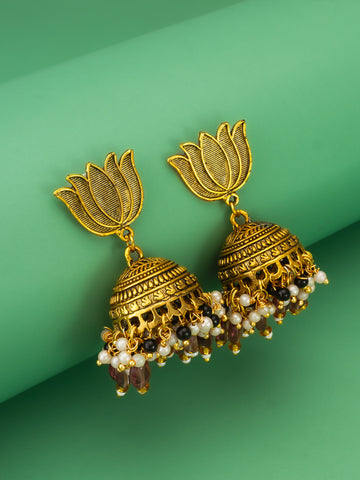 Aadita Gold Plated Lotus Shape Jhumka Earrings with Purple Beads