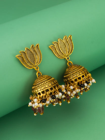 Aadita Gold Plated Lotus Shape Jhumka Earrings with Purple Beads