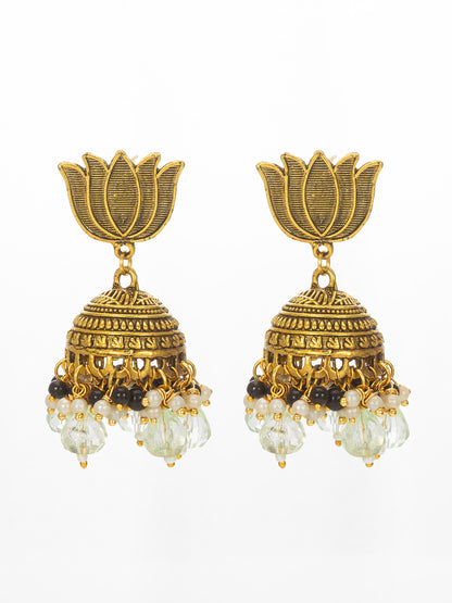 Aadita Gold-Plated Lotus Shape Jhumka Earrings with Light Green Beads