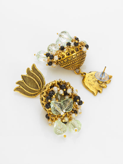 Aadita Gold-Plated Lotus Shape Jhumka Earrings with Light Green Beads