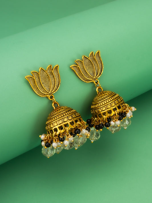 Aadita Gold-Plated Lotus Shape Jhumka Earrings with Light Green Beads