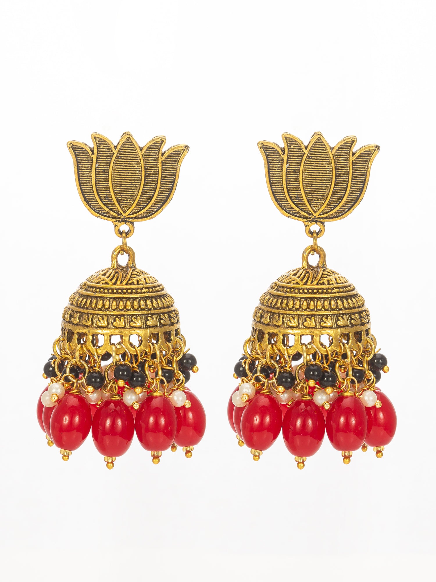 Aadita Lotus Top Gold-Plated Red Beaded Jhumka Earrings