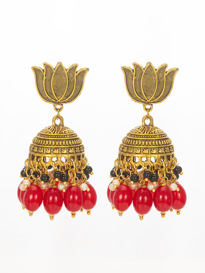 Aadita Lotus Top Gold-Plated Red Beaded Jhumka Earrings