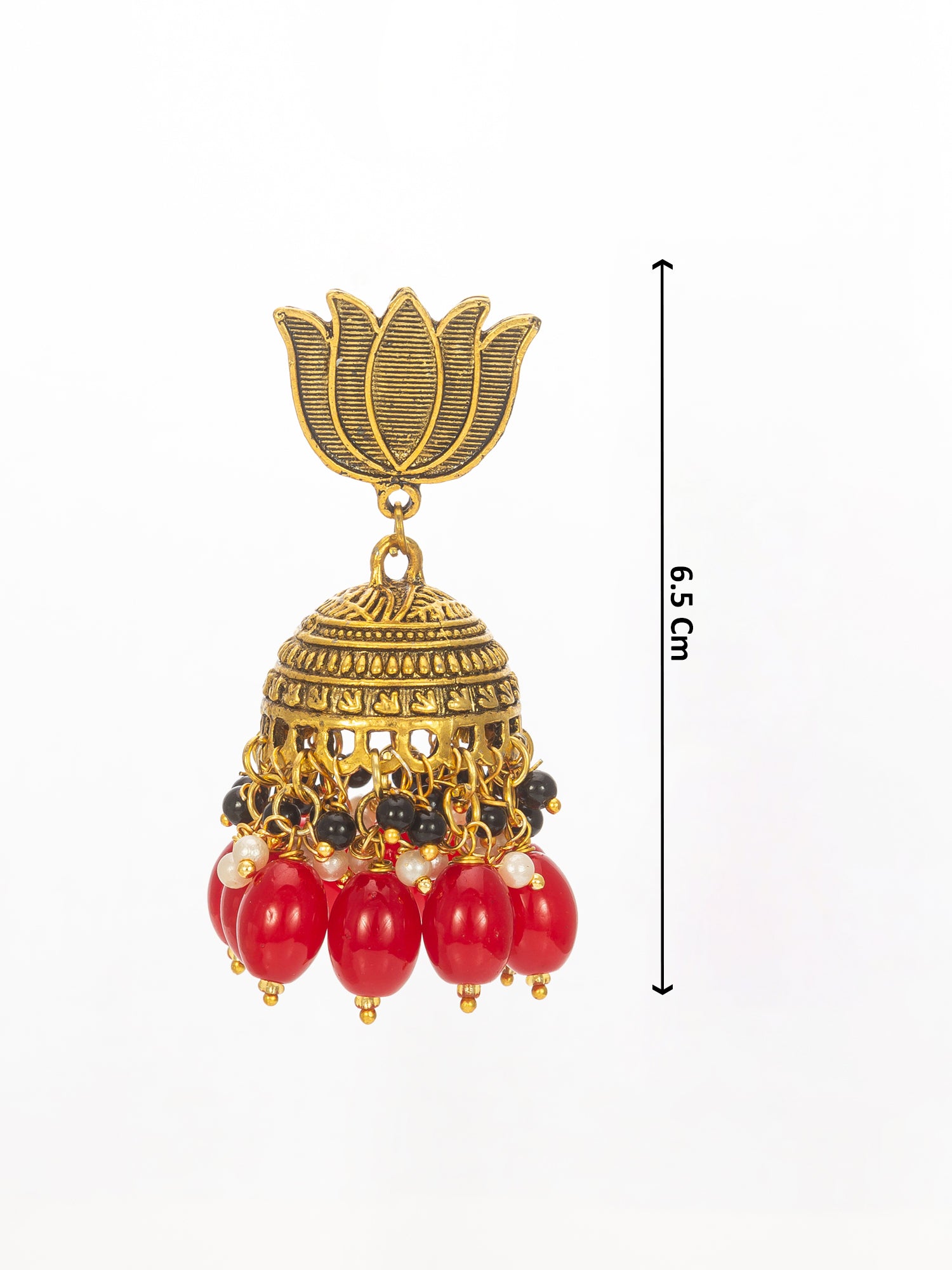 Aadita Lotus Top Gold-Plated Red Beaded Jhumka Earrings