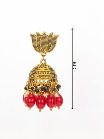 Aadita Lotus Top Gold-Plated Red Beaded Jhumka Earrings