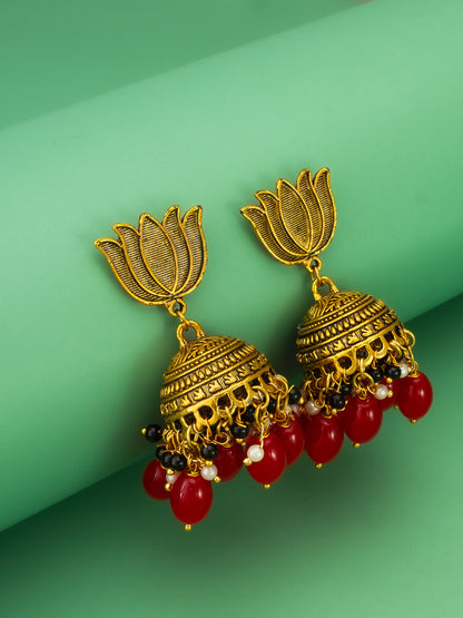 Aadita Lotus Top Gold-Plated Red Beaded Jhumka Earrings