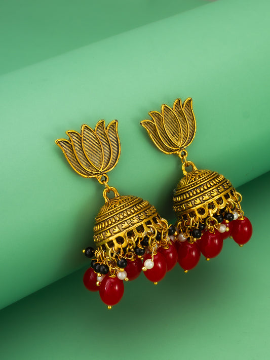 Aadita Lotus Top Gold-Plated Red Beaded Jhumka Earrings