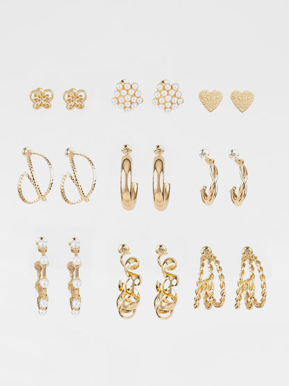 Aadita Gold Plated Assorted Stud & Hoop Earring Combo Set for Women (Pack of 9)