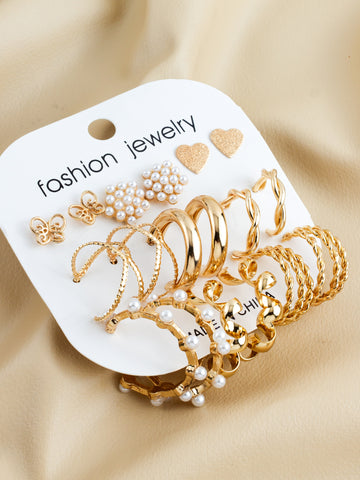 Aadita Gold Plated Assorted Stud & Hoop Earring Combo Set for Women (Pack of 9)