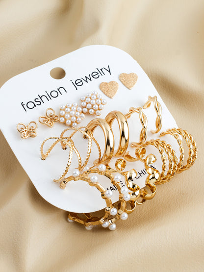 Aadita Gold Plated Assorted Stud & Hoop Earring Combo Set for Women (Pack of 9)