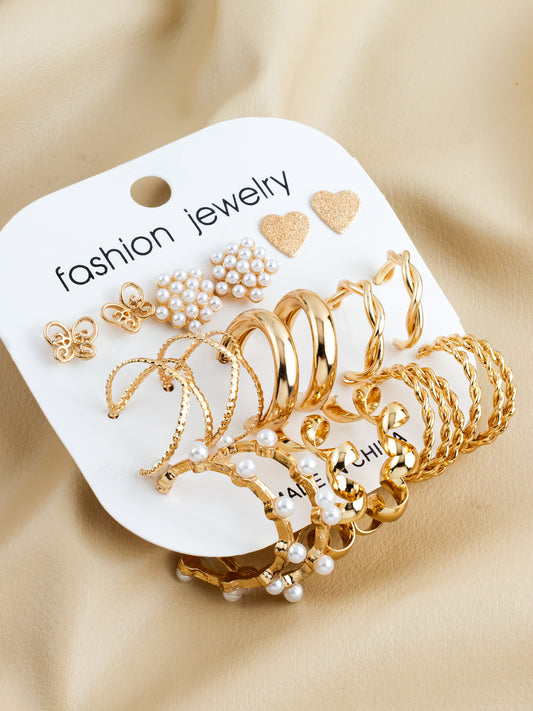 Aadita Gold Plated Assorted Stud & Hoop Earring Combo Set for Women (Pack of 9)