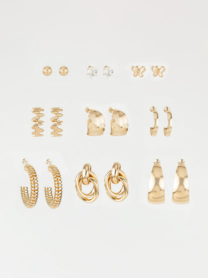 Aadita Gold Plated Studs & Hoops Combo Earring Set for Women (Pack of 9 Pairs)